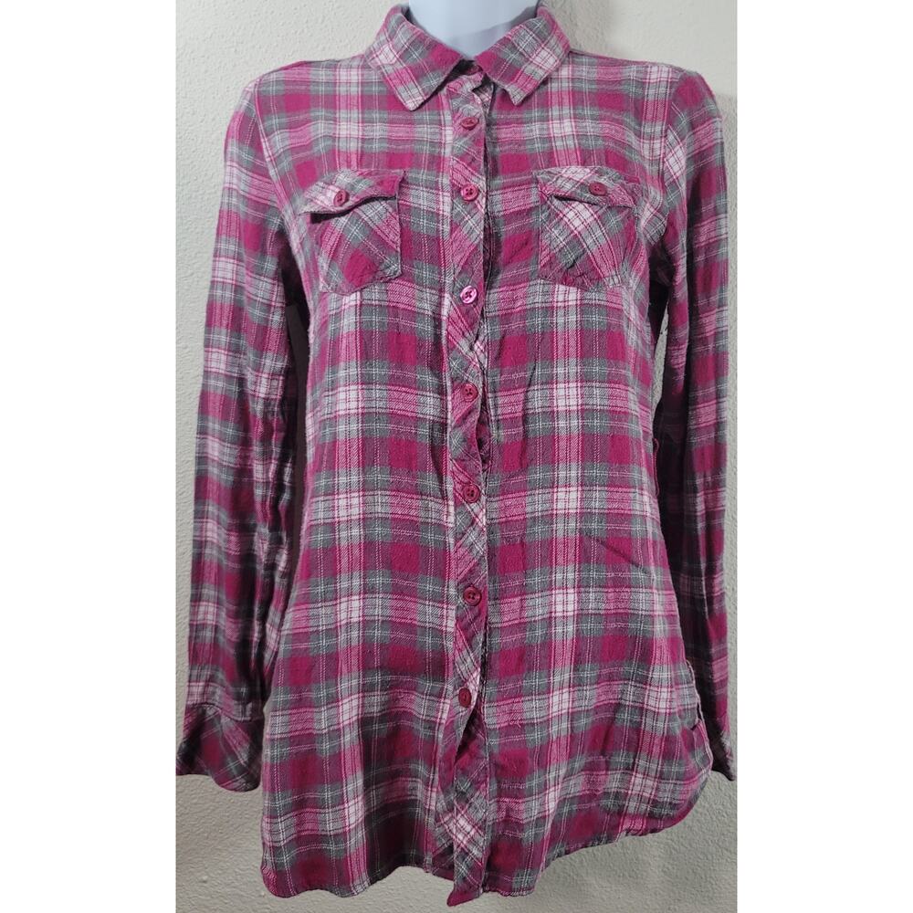OP Pink Plaid Button Up Flannel Top Juniors 7 9 Lightweight Soft Long Sleeves